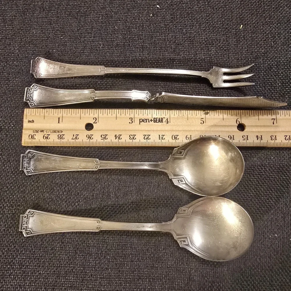 X4 Oneida GRECIAN Silverplate 1881 Rogers Greek Key Pickle Fork Butter Knife